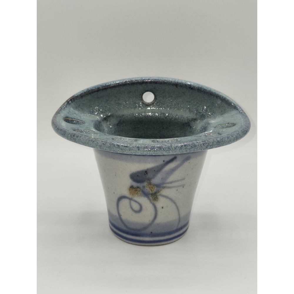 Vintage Studio Pottery Wall Mount‎ Toothbrush Holder Blue Green Glaze Cup 4.5"